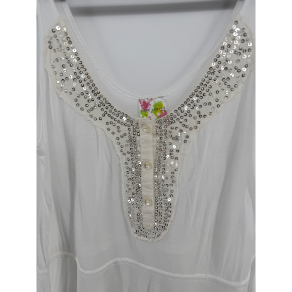 Free‎ People Y2K Boho Tank Top Womens M White Embellished Beaded Flowy Babydoll